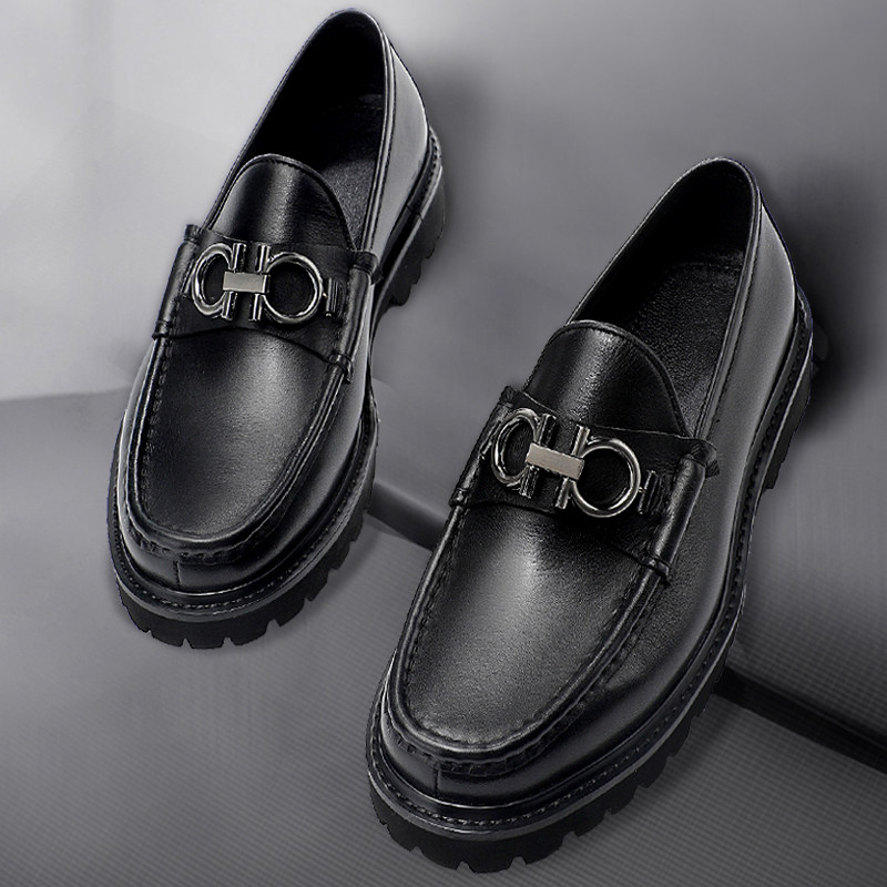 Horseshoe buckle loafers men's thick-soled leather toe caps and other cowhide slip-on light-bottomed casual leather shoes men's leather muffin bottom