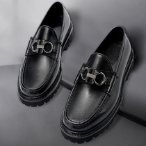 Horseshoe buckle loafers mens thick-soled leather toe caps and other cowhide slip-on light-bottomed casual leather shoes mens leather muffin bottom