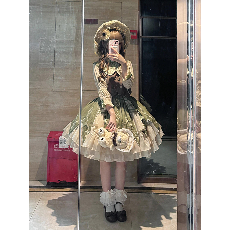 Green Pastoral Style Lolita Dress Vest Shirt Skirt Set Lolita Dress Princess Cute New Year Outfit Cosplay