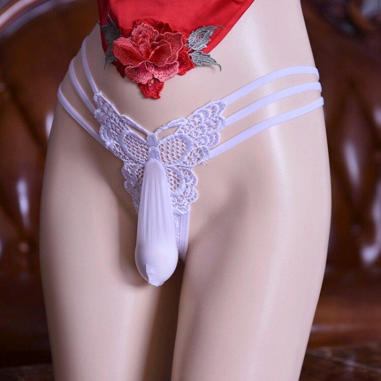 Japanese-Style Sexy Thong with Hollow Design for Men, Featuring a Penis Pouch, Butterfly Pattern, One-Piece Lace Underwear, Low-Waist, Plus Size, Transparent