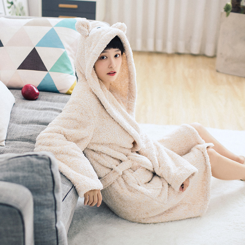 Fall winter long flannel nightgown female winter thick coral velvet bathrobe cute couple long-sleeved bathrobe pajamas