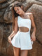 White One-Shoulder Cut-Out Waist-Revealing Skirt-Style Slimming and Sexy One-Piece Swimsuit for Women with Small Bust, Push-Up with Breast Pads, Beach Swimwear