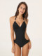 Black Sexy Backless Halter Neck Small Bust Push-Up One-Piece Swimsuit for Women, Tummy Control, Waist-Cinching Triangle Bikini for Beach