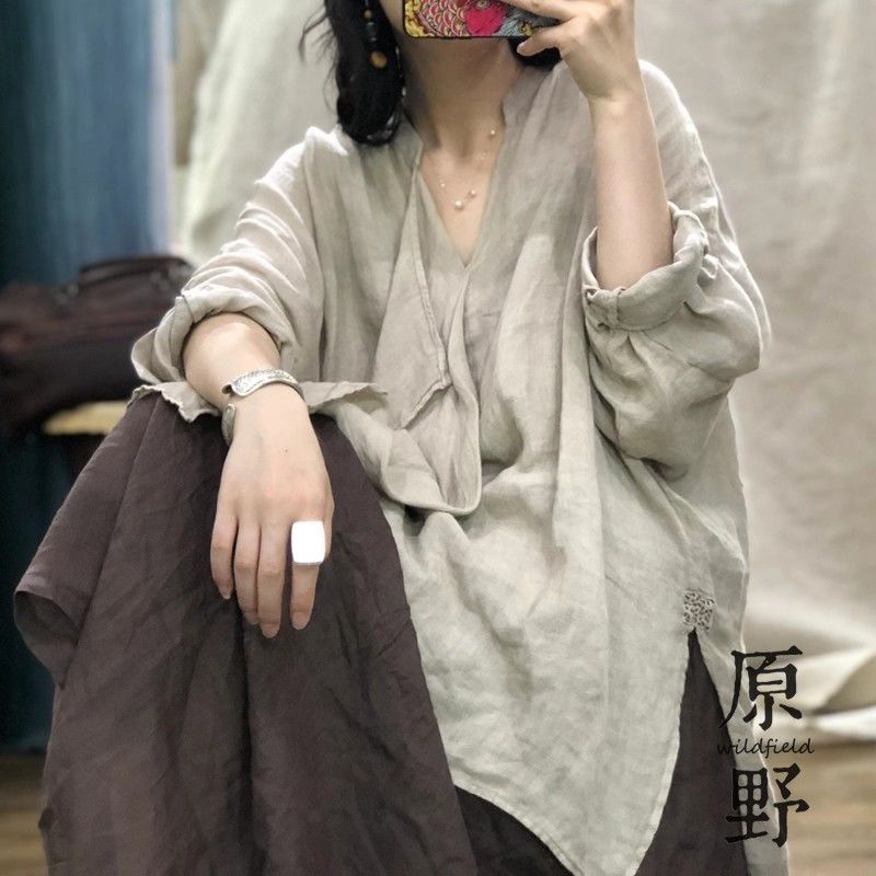 Self-recommended irregular designer Chan Willi linen shirt V collar conspicuose slim fit 2022 new fall-Taobao