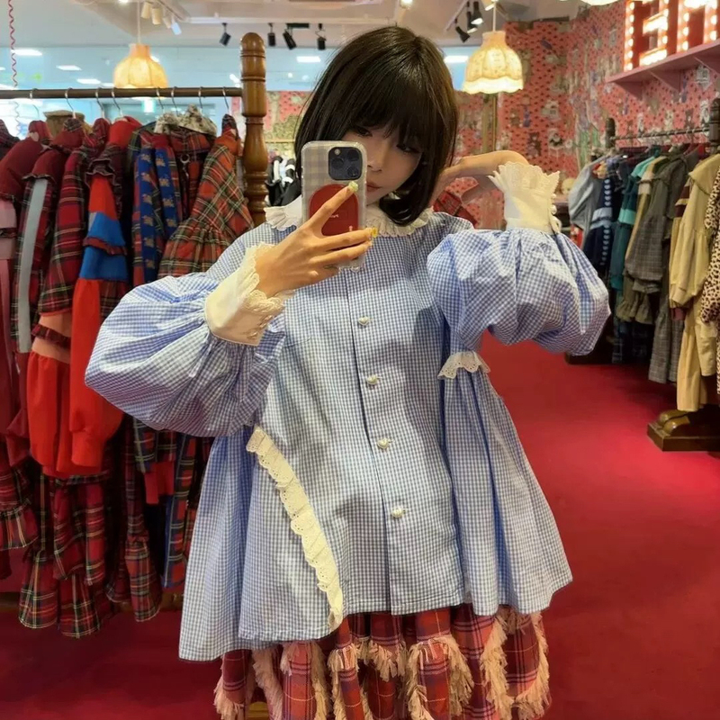 Japanese Heihei Puff Sleeve Heart Button Delicate Lace Blouse Top