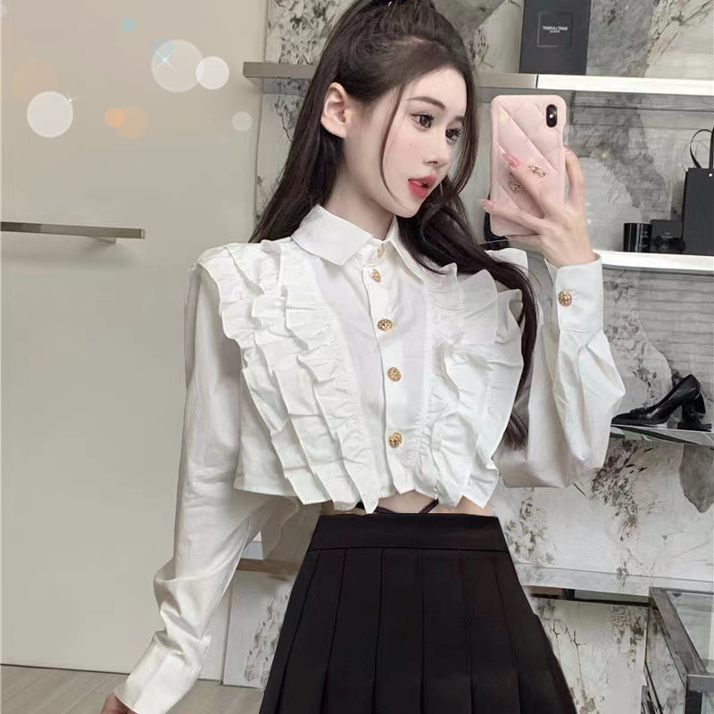 Short White Shirt for Women with a Unique Design, Stylish and Beautiful for Spring and Autumn, French-Style Ruffled Long-Sleeve Top Short White Shirt for Women with a Unique Design, Stylish and Beautiful for Spring and Autumn, French-Style Ruffled Long-Sleeve Top