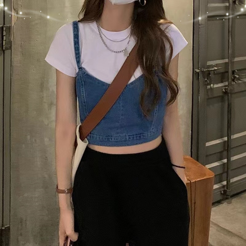 Denim Camisole for Women, Layered with a Pure Cotton Short T-Shirt Two-Piece Set, Unique and Delicate Tie-Up Short Top