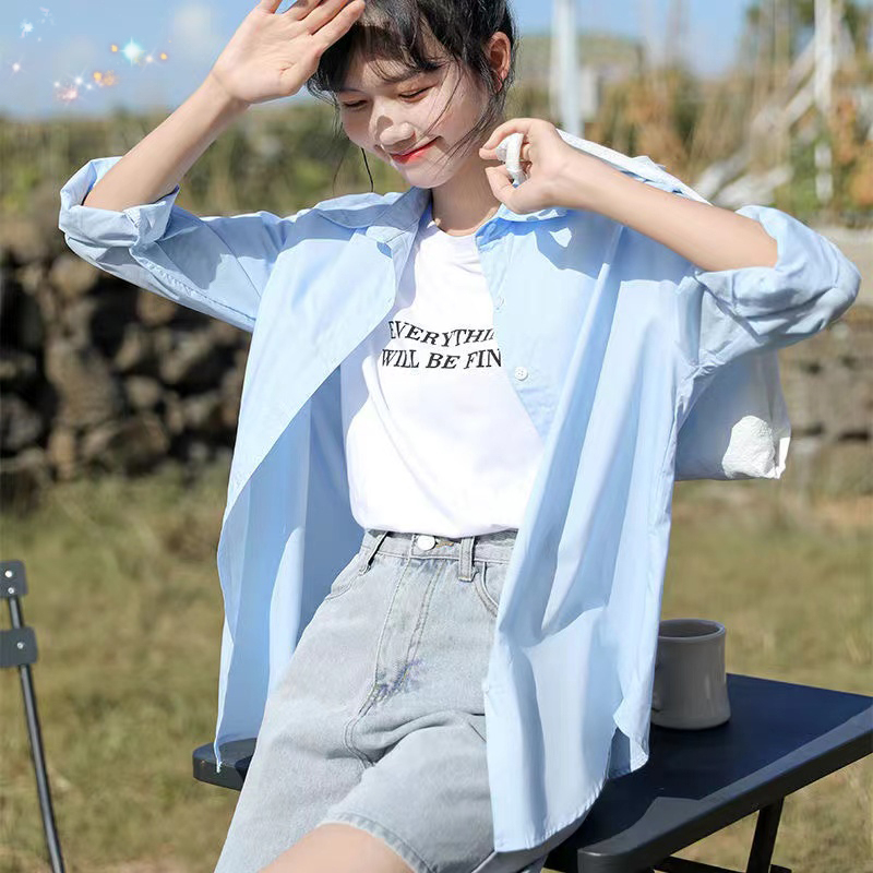 Light Blue Shirt Jacket for Women, Early Autumn Thin Loose-Fitting Outerwear, Casual Versatile Long-Sleeve Shirt