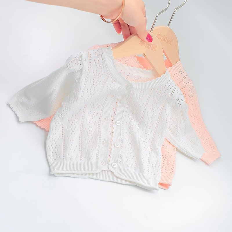 Baby air conditioning Shirt Summer female baby knit cardiovert thin little girl hollowed-out sweater jacket sunscreen 100 lap
