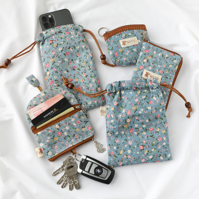 Korean blue flower pastoral small floral coin purse female cotton coin bag middle-aged key bag zipper mobile phone bag