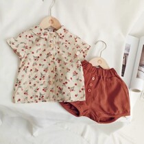Girls Summer Set 2021 New Female Baby Chiffon Short Sleeve Floral Shirt Joker Shorts Two-piece Tide