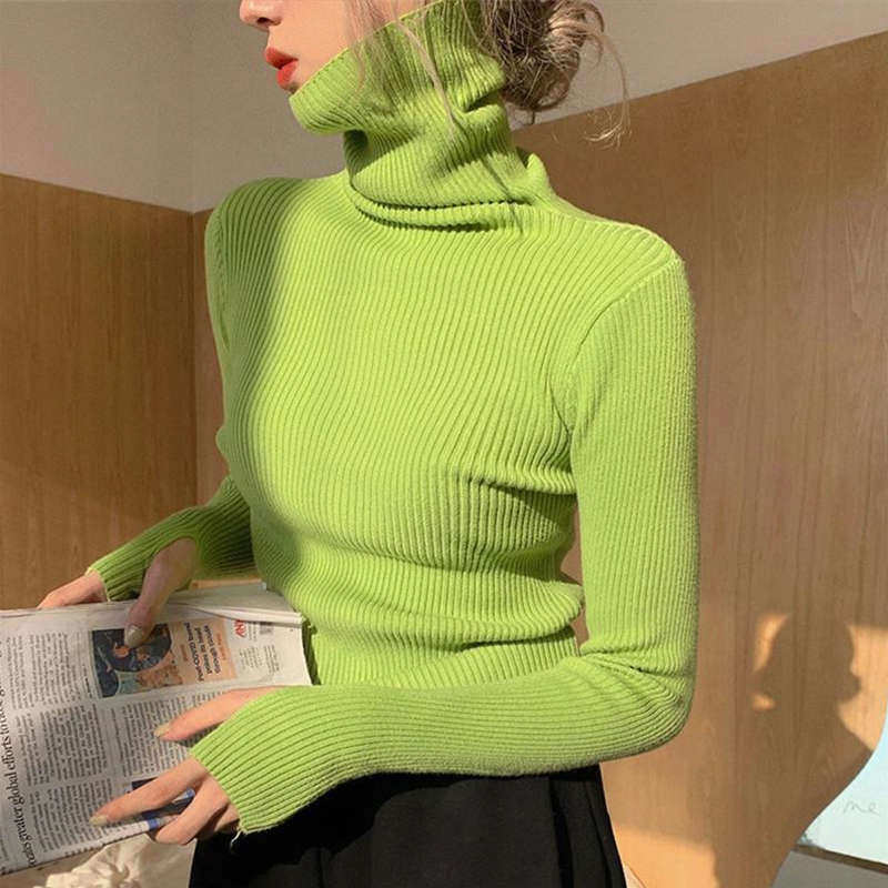 Avocado Green Turtleneck Knit Sweater for Women, Autumn and Winter Inner Layer, Stacked Collar, High-End Slim-Fit European Style Top