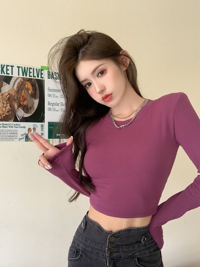 Sexy hot girl bottoming shirt women's spring and autumn design niche tight long-sleeved inner T-shirt backless short top