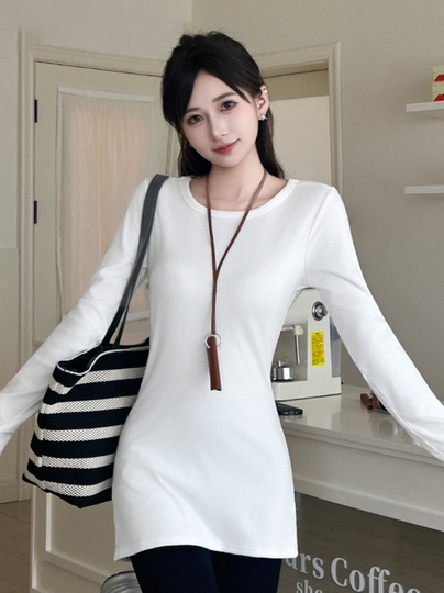 韩系慵懒松弛感中长款长袖T恤女秋季长款上衣修身显瘦内搭打底衫