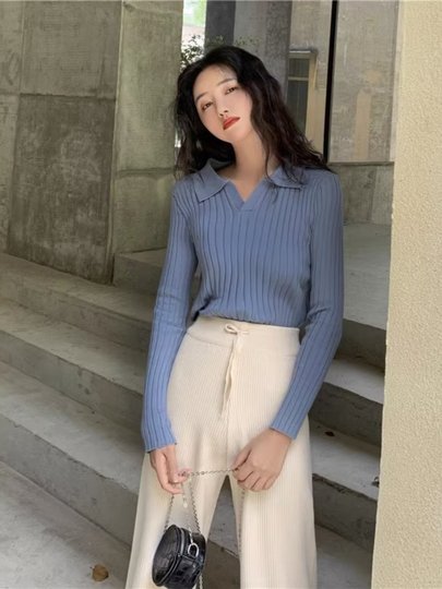 polo领打底针织衫女秋冬洋气内搭修身显瘦v领毛衣高级感软糯上衣