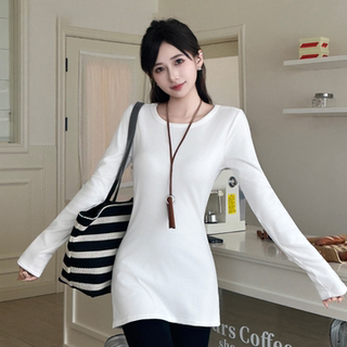 Korean Style Lazy and Relaxed Mid-Length Long-Sleeved T-Shirt for Women, Autumn Long Top, Slim Fit, Slimming Inner Layering Shirt