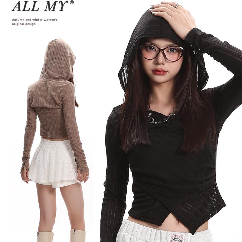 All My American-Style Wasteland-Inspired Hot Girl Design Blouse 2026 Spring/Summer New Slim-Fit Hooded Long-Sleeve Top for Women
