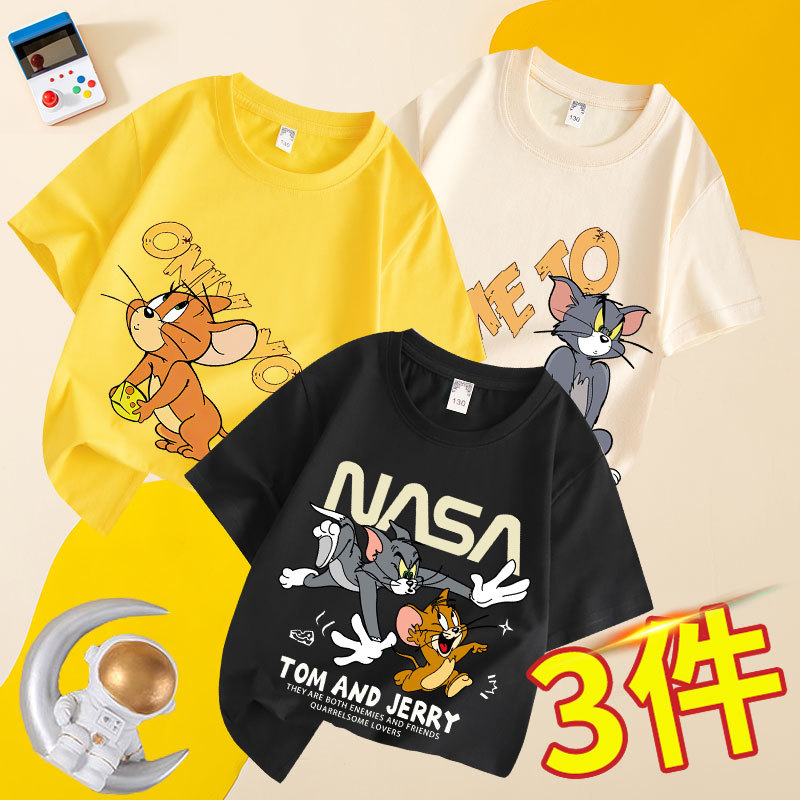 Tom and Jerry Children's Clothing for Boys and Girls 2026 Summer New Style Medium and Large Children's Short-Sleeved T-Shirt Pure Cotton Cartoon Half-Sleeved Top t Tom and Jerry Children's Clothing for Boys and Girls 2026 Summer New Style Medium and Large Children's Short-Sleeved T-Shirt Pure Cotton Cartoon Half-Sleeved Top t