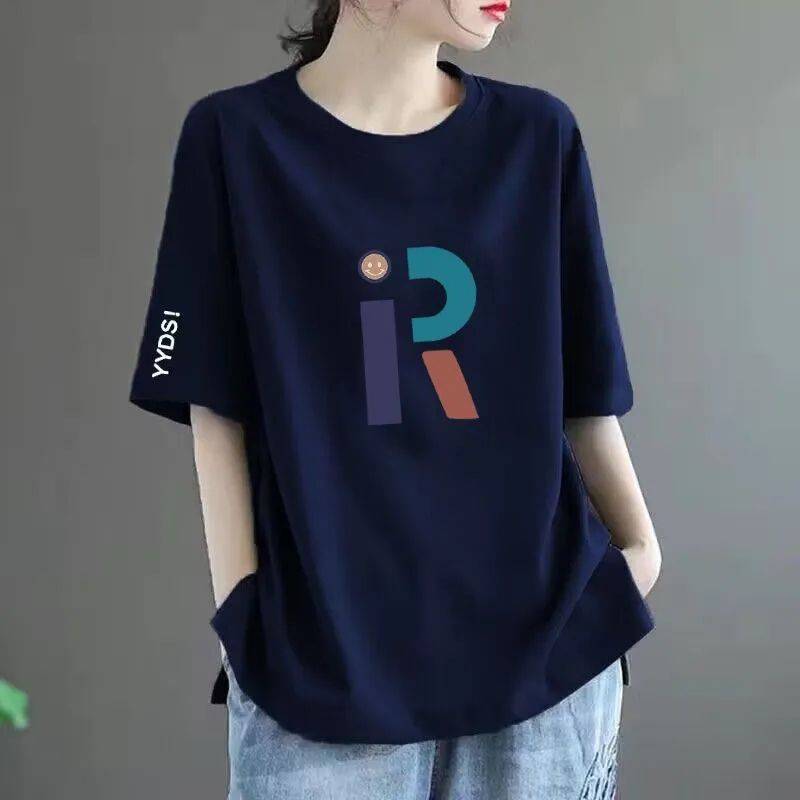 Cotton T-Shirt for Women, Short-Sleeved, Loose-Fitting Summer Top with Print, Regular Shoulder, New Versatile Mid-Length Style, Trendy ins
