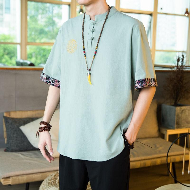 2023 Summer Pure Cotton Short Sleeve T Shirt Male Shirt Loose Big Code China Wind Tango Fashion Men Retro Fashion Middle Sleeve-Taobao