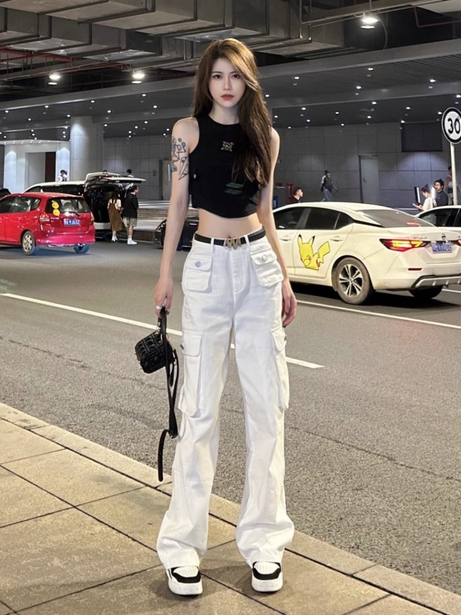 美式工装裤女春秋2025新款多口袋高腰宽松显瘦白色直筒休闲阔腿裤