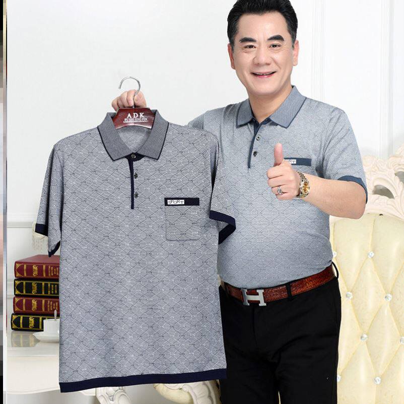Middle-aged and elderly men's short sleeve T-shirt ice silk lapel jacket 60-70 years old man plus size shirt dad half sleeve