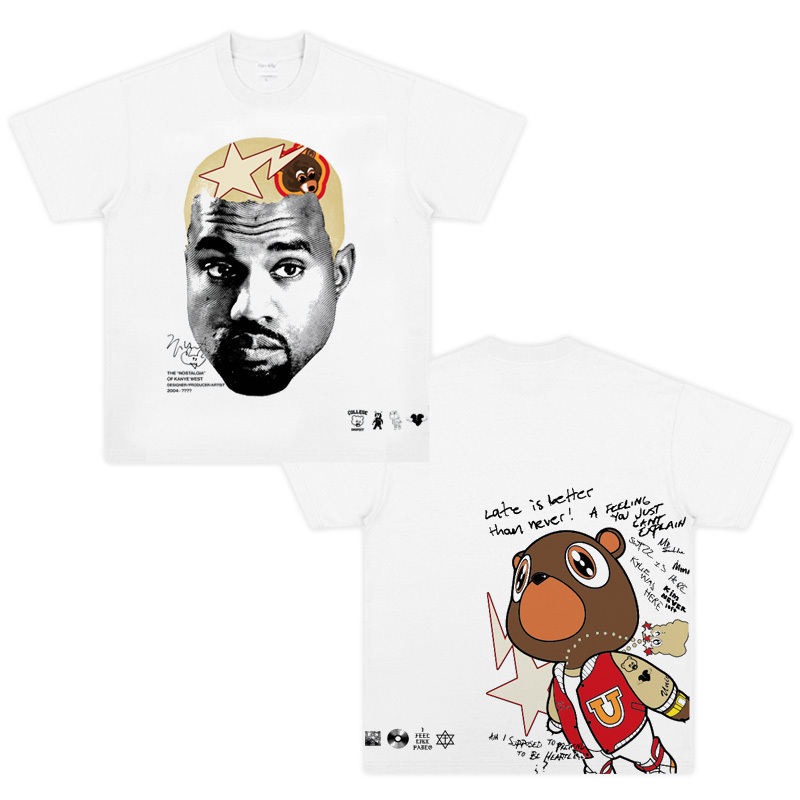 Kanye West Hip-Hop Portrait Vintage Short-Sleeve Rap T-Shirt Loose Fit Rap Top