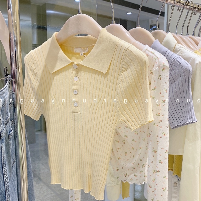 Creamy Yellow Ice Silk Knit T-Shirt for Women, Summer Gentle Style, Slim Fit Polo Collar Sweater, Short-Sleeved Niche Short Top