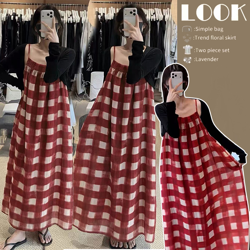 Maternity Summer Outfit Set 2026 New Style Pregnancy Wear Sun Protection Shirt Red Plaid Suspender Dress Two-Piece Set