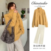 Maternity wear autumn and winter 2022 new maternity sweater coat lapel zipper top suit fashionable winter