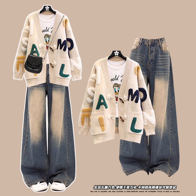 British Dgkp Plus-Size Spring and Autumn Casual Style Suit for Women, Knitted Sweater Jacket Paired with High-Waisted Jeans Two-Piece Set