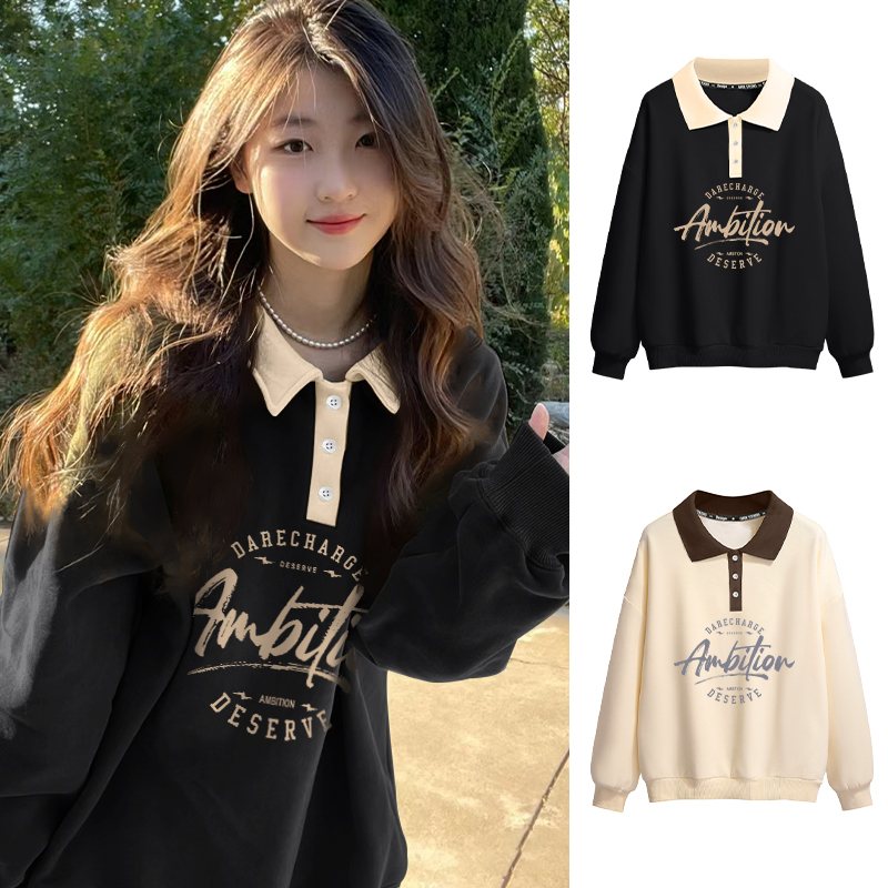 British Dgkp Early Autumn Salt Style 2026 Spring and Autumn Casual Polo Collar Youthful Black Sweatshirt for Women, Slimming College Style