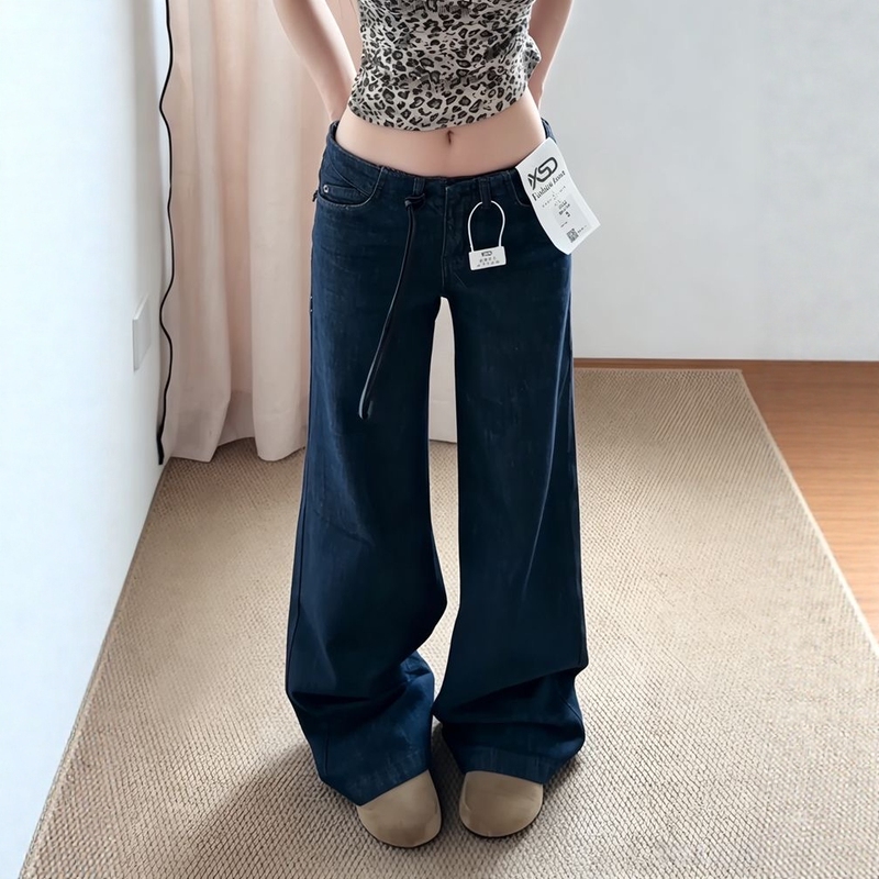 American Retro Style Low-Waist Straight-Leg Jeans for Women, Summer High-Street Design, Loose Fit, Slimming, Drapey Wide-Leg Pants