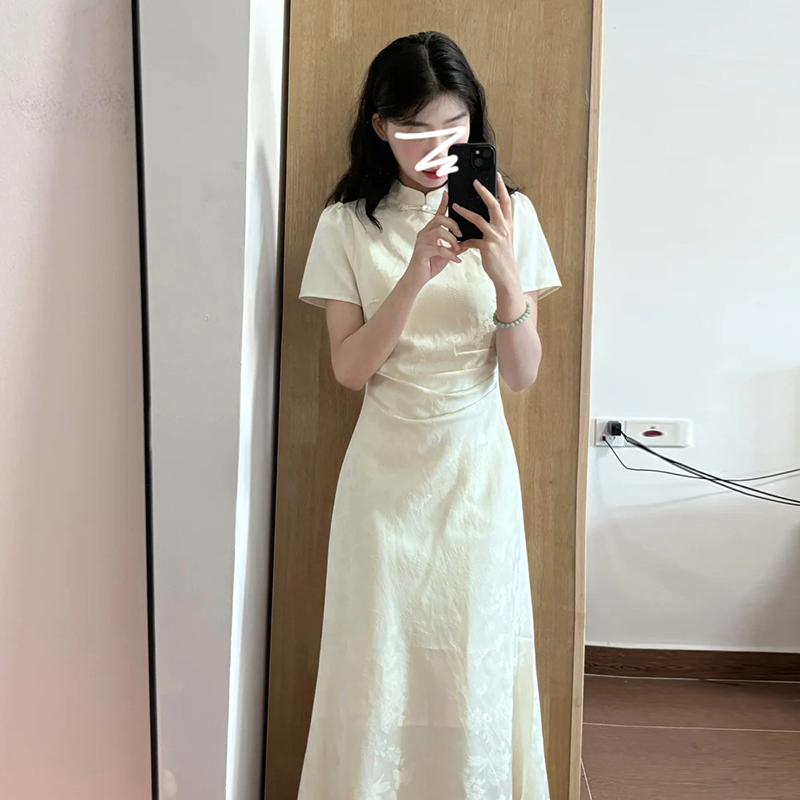 2026 New Improved Cheongsam Dress, Summer New Chinese Style Women's Clothing, Elegant Waist-Cinching Apricot-Colored Long Dress