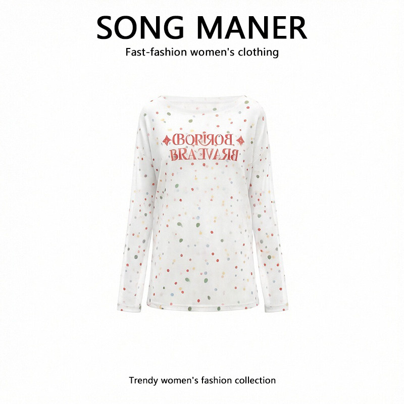 欧货时尚斜肩波点长袖T恤女2026夏季新款显瘦多巴胺防晒罩衫上衣