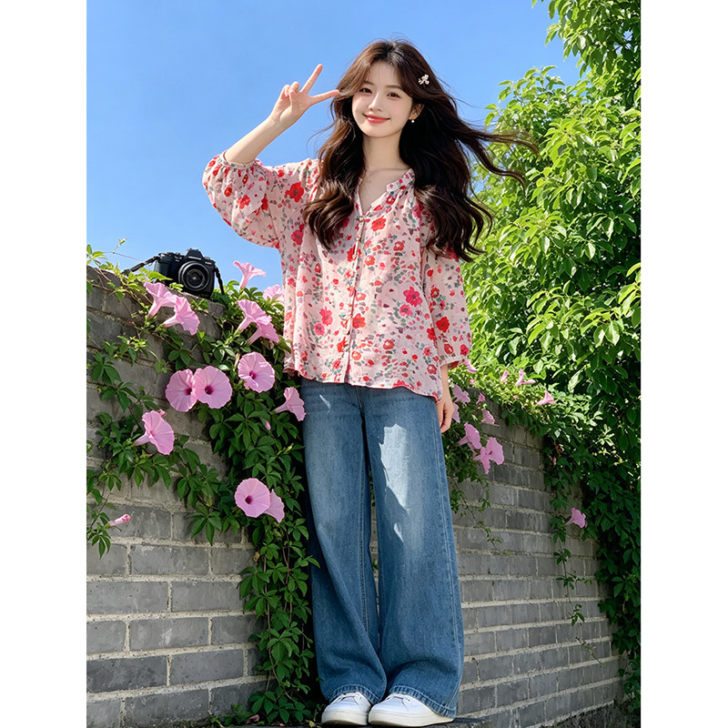 韩版时尚减龄V领碎花衬衫女2026夏季新款超仙休闲百搭洋气衬衣潮