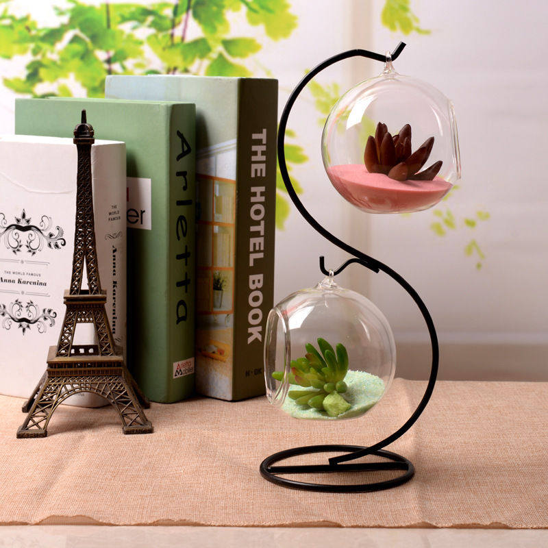 Creative iron art hanging hydroponic small fish tank gold Ge cumin money grass plant glass vase flower pots living-room decoration hem