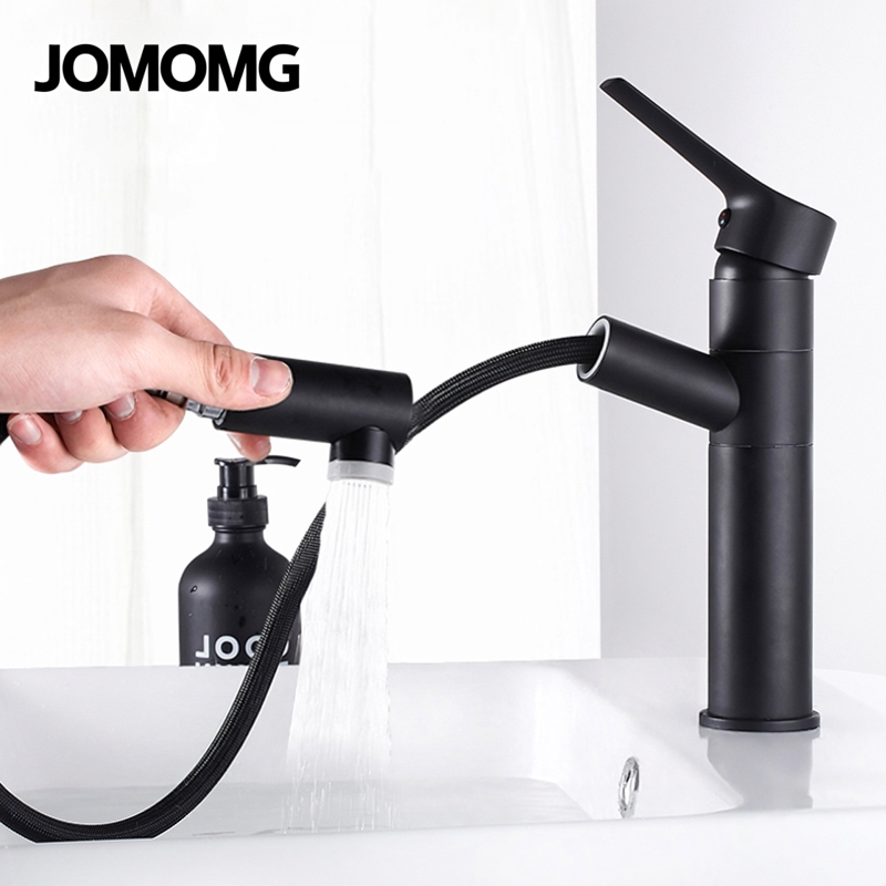 All-Copper Basin Pull-Out Faucet, Washbasin Hot and Cold Water Retractable Faucet, Heightened Bathroom Black Faucet