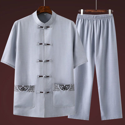 FZOP短袖唐装男休闲套装中国风男士爸爸装爷爷汉服中老年衣服上衣