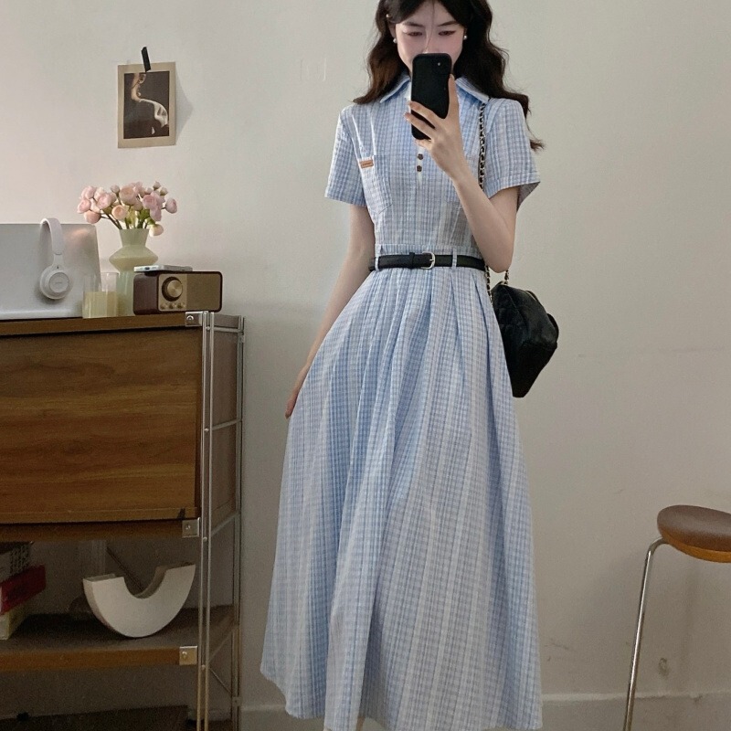 Summer Commuting Blue Striped Dress, Long Dress, Plus Size, Elegant and Beautiful, Waist-Cinching, Suitable for Teaching Assistant Interviews