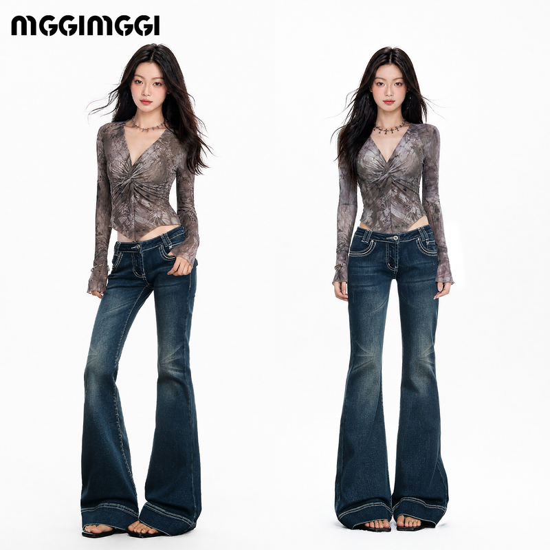 [Same Style as Yi Mengling] Low-Waist Slightly Flared Jeans for Women, New Autumn Style, Dark Blue American-Style Slim-Fit Flared Pants