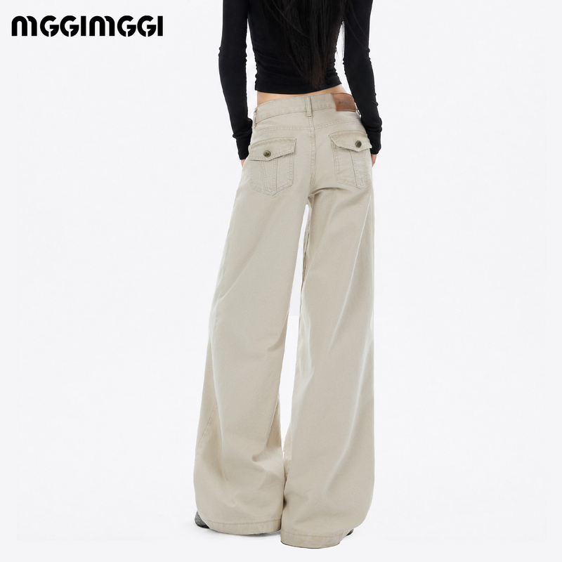 American-Style Light Apricot Wide-Leg Jeans for Women, Autumn 2026 New Model, White Fleece-Lined, Low-Waisted, Loose, Slimming Straight-Leg Pants