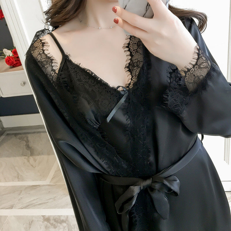 Spring and autumn ladies sexy black lace suspender nightgown two piece set summer silk soft home clothes