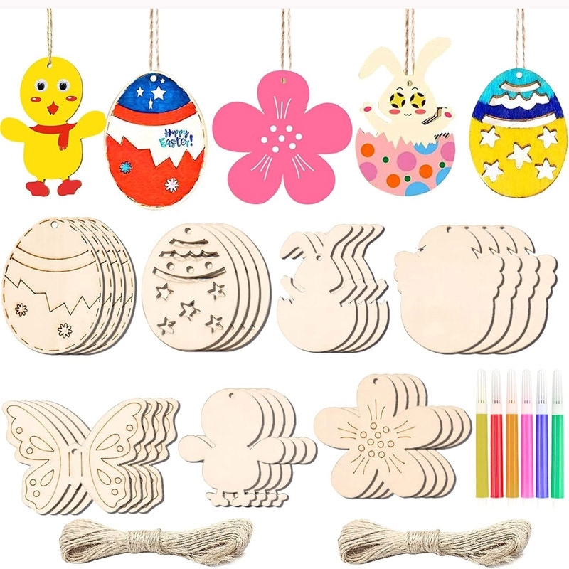 Easter Eggs DIY White Embryo Wooden Ornaments Wood Chips Kindergarten Hand-Painted Graffiti Easter Small Pendant Gift