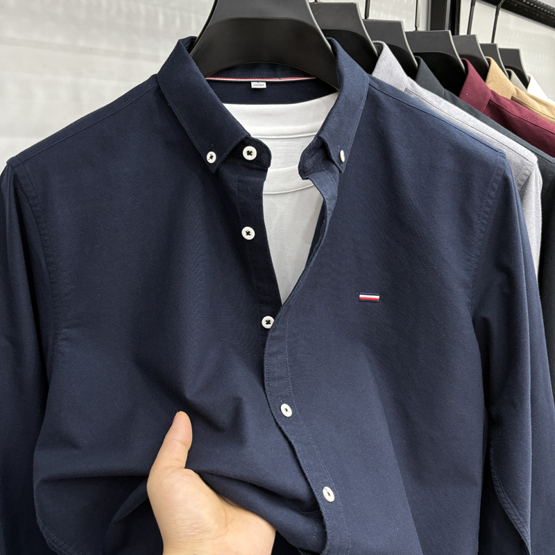 Outlet Store Tommy Shirt Men's Long-Sleeve Spring and Autumn New Pure Cotton Turn-Down Collar Top Solid Color Casual Shirt for Men