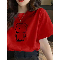 Red short-sleeved T-shirt for women in summer European trendy brand bear print casual cotton animal year base T-shirt top