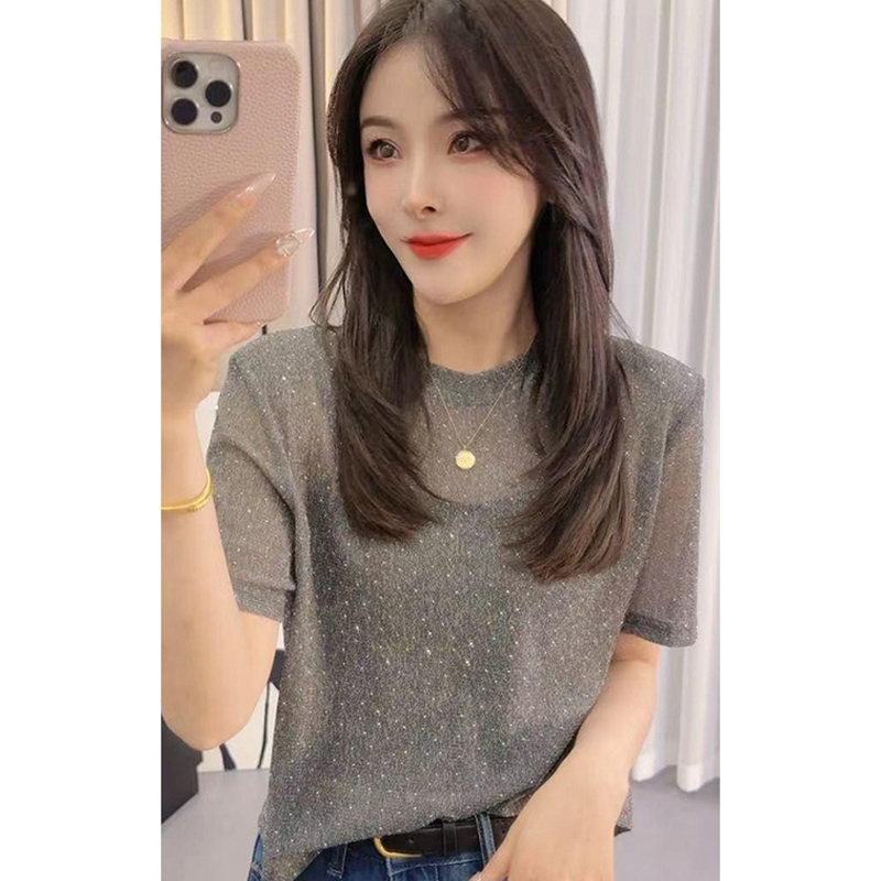 Shiny Short-Sleeved T-Shirt for Women, Summer European Style Trendy Top, This Year's Popular Elegant Fashion Sequin Slightly See-Through Blouse