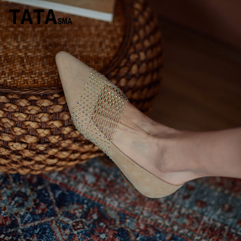 Tata SMA Woman Shoes He Her Simman Leather 2022 Spring and Summer Fishing Net Drilling Low Heels Small Shoes