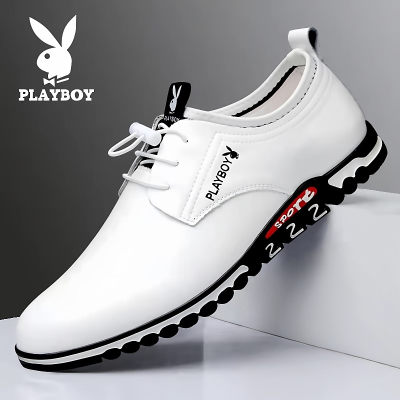 Playboy Men's Shoes 2026 Summer Formal Genuine Leather Casual Shoes Men's Comfortable Breathable Height-Increasing White Leather Shoes for Men