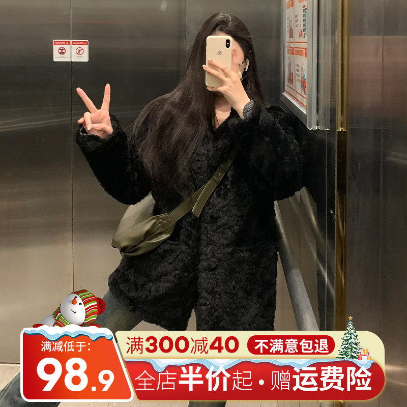 Herben small sub-fragrant wind black lamb plush jacket female autumn winter 2023 new exploits with velvet thickened blouses-Taobao